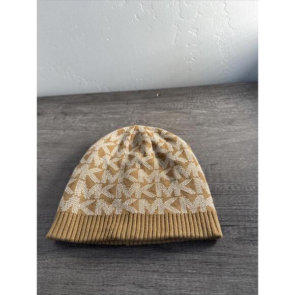 Michael Kors MK Initials Brown/Tan Knit Beanie Cap Hat - Picture 1 of 4